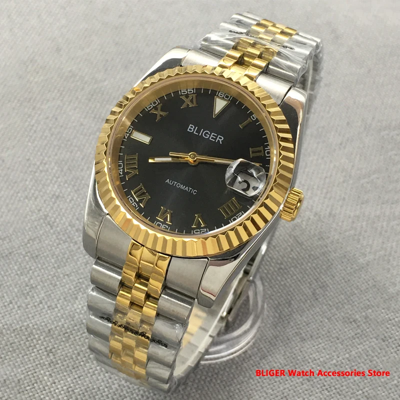 

BLIGER 36mm 39mm Fluted Bezel NH35A Automatic Men Watch Two Tone Gold Roman Numbers Grey Dial Jubilee Bracelet Sapphire Glass