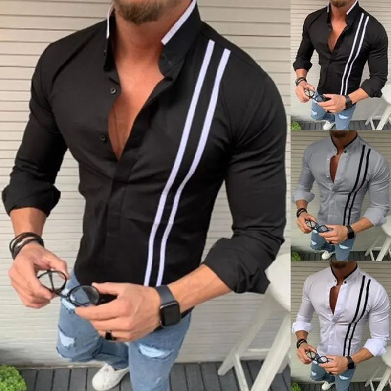 

2022 New Men Brand Shirts Business Long Sleeve Stand Collar Chest Stripe Male Shirt Slim Fit Popular Designs Men's Fahion S-5XL