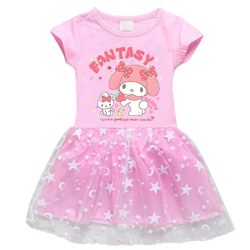 

Sanrio Melody 2023 New Korean Style Girls Dress Half Sleeve Summer Cartoon Star Mesh Short Sleeve Princess Dress
