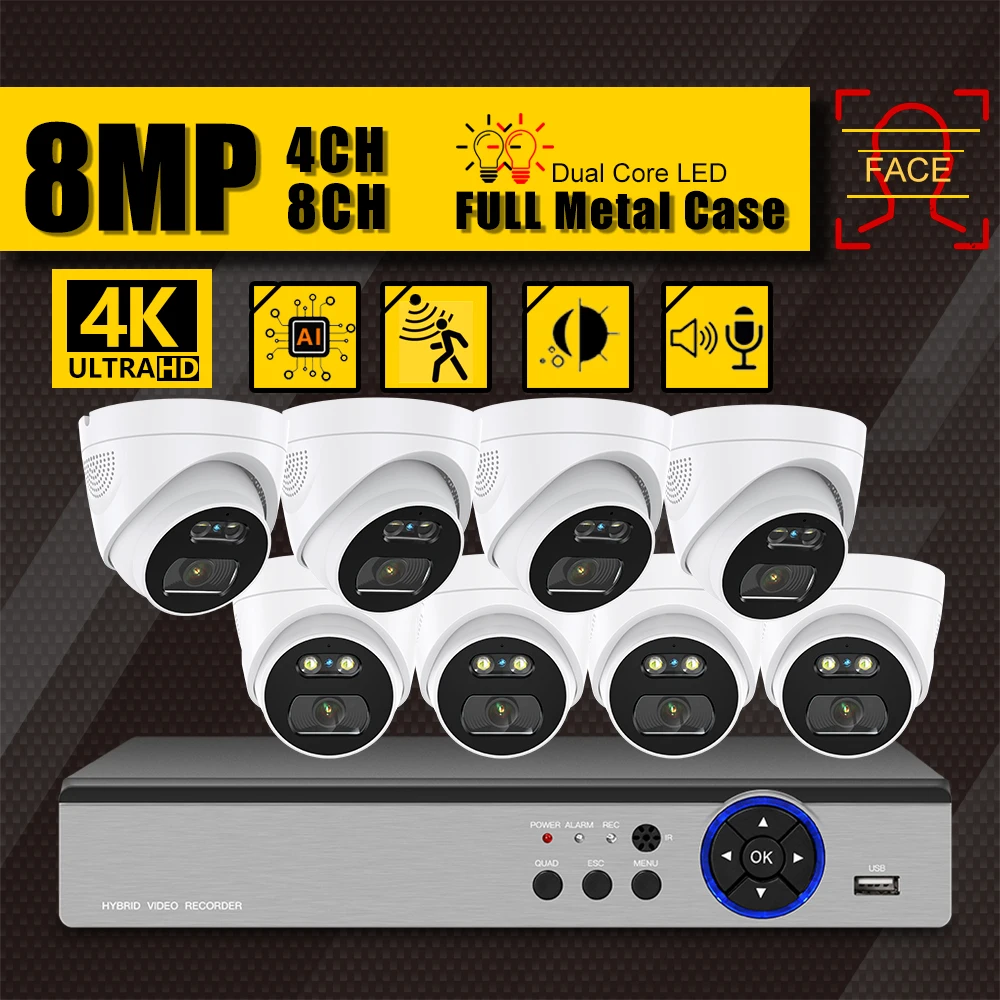 

H.265 8MP 4K Face detection Video Recorders Outdoor Surveillance Cameras Set Cctv 8pcs ip Camera Home Monitoring Set System Kit