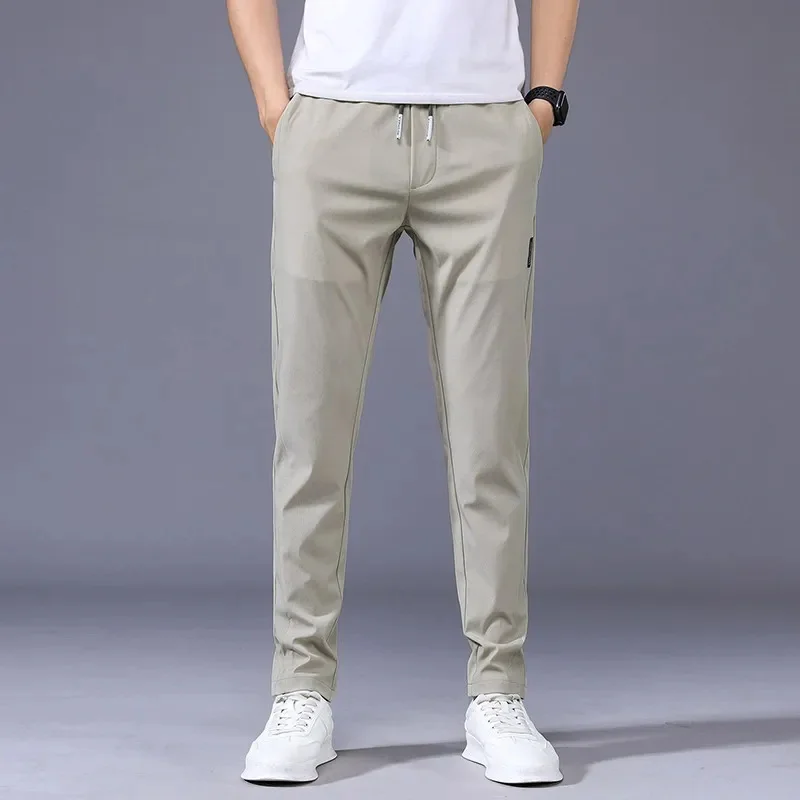 

Summer Men's Casual Pants Thin Soft Elasticity Lace-up Waist Solid Color Pocket Applique Korea Grey Black Work Trousers Male 38