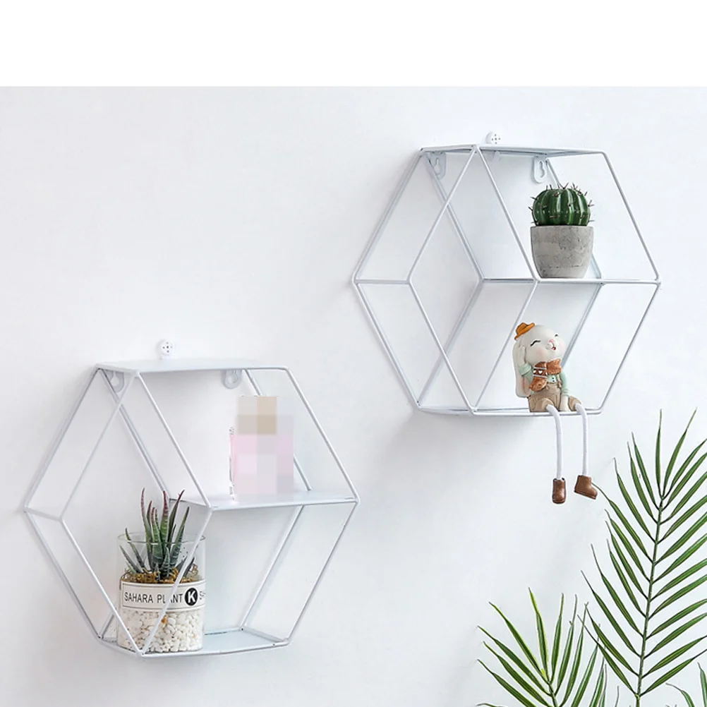 

Creative Nordic Style Hexagon Storage Rack Wrought Iron Double-Layer Wall Shelf Bedroom Living Room Wall Hanging Ornament