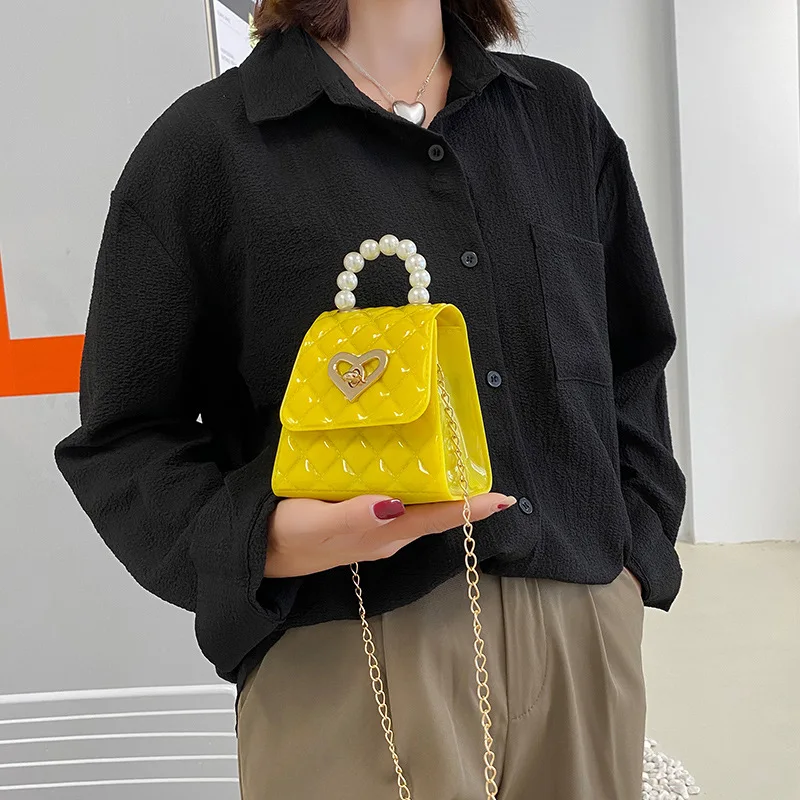 Women Mini Handbag New Elegant Shoulder Messenger Portable Chain Bag Girl PVC Jelly Bag Pearl Crossbody Rhombus Small Square Bag