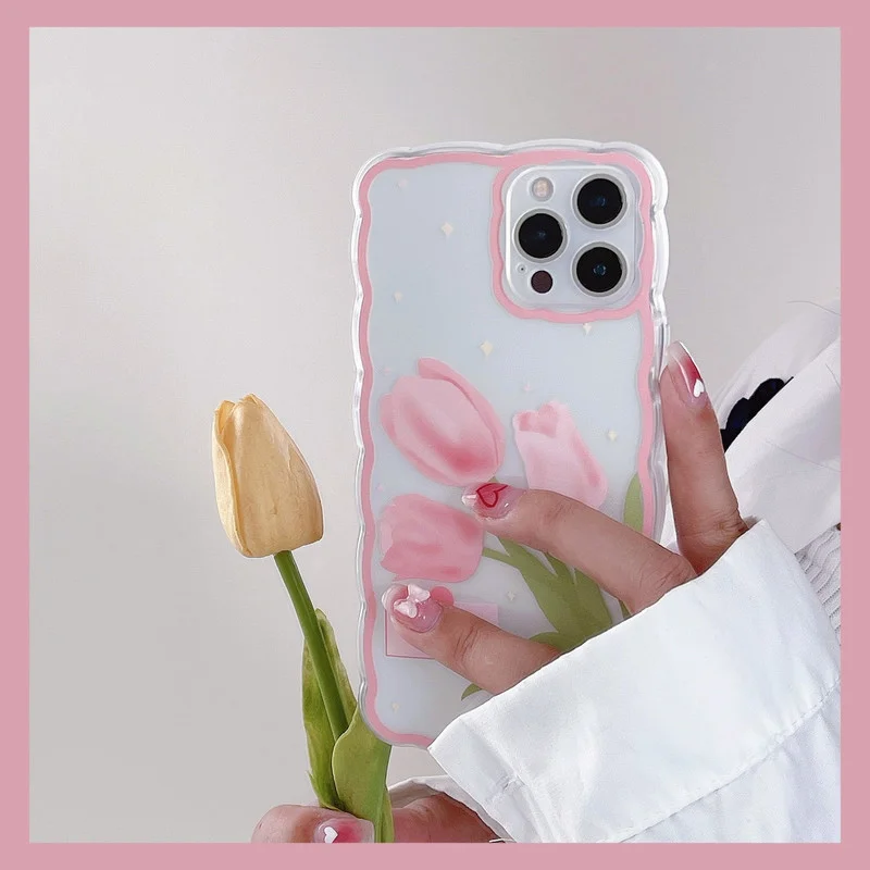

Fashion Wavy Pink Tulip Clear Soft Case For iPhone 13 12 mini 11 Pro MAX XR X XS 7 8 Plus TPU Silicone Colors Shockproof Bumper