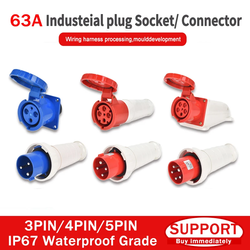 

KRE 63A Waterproof Industrial Plug 3/4/5 Pin 380V 415V Dustproof Socket IP67 Male And Female Mounted Connectors