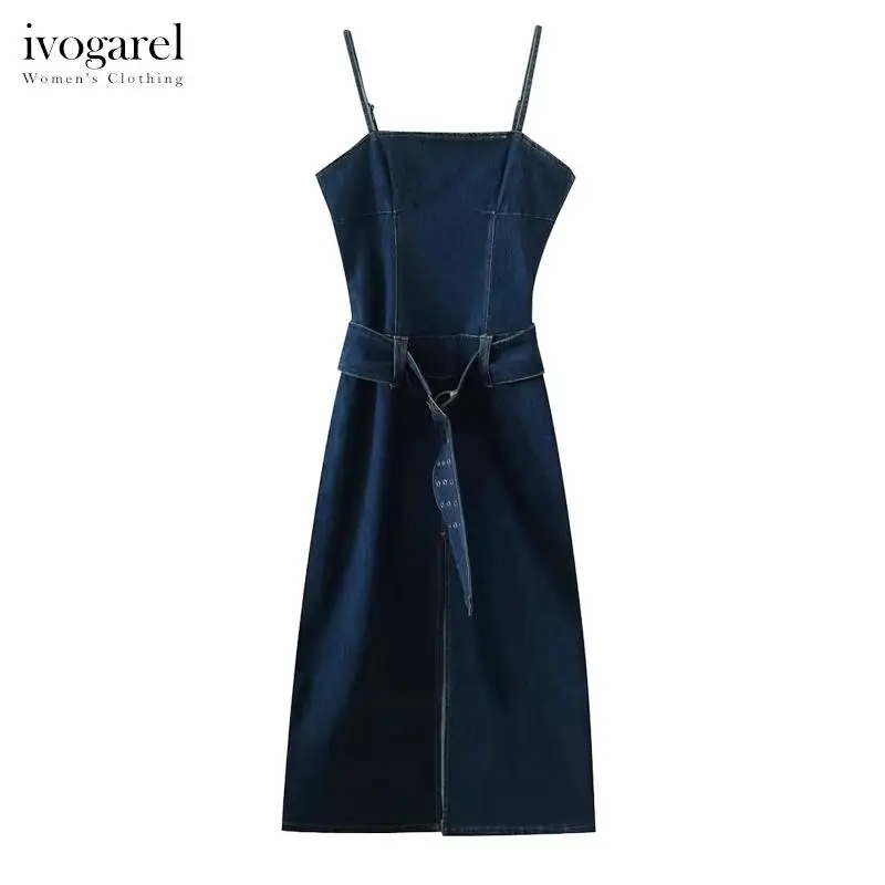 

Ivogarel Denim Maxi Dress with Front Slit Traf Women's Fashionable Jean Dress with Adjustable Waist Belt for a Stylish Look