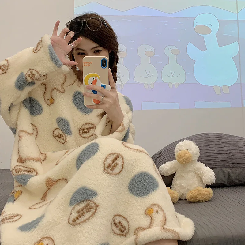 Yasuk Winter Fashion Women's Casual Lovely Print Duck Warm Soft Sleepwear Loose Pajamas Nightdress Flannel Pullover Kawaii