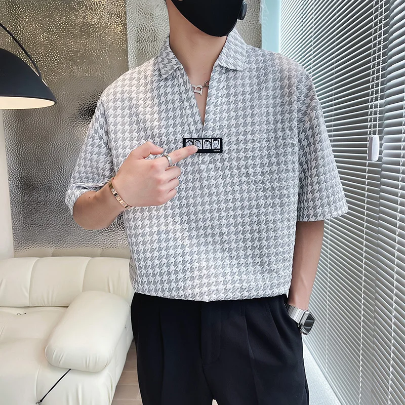 Brand Plaid Pullover Shirts for Men 2022 Summer Short Sleeve Loose Casual Shirt V Neck Streetwear Oversized Shirt Chemise Homme