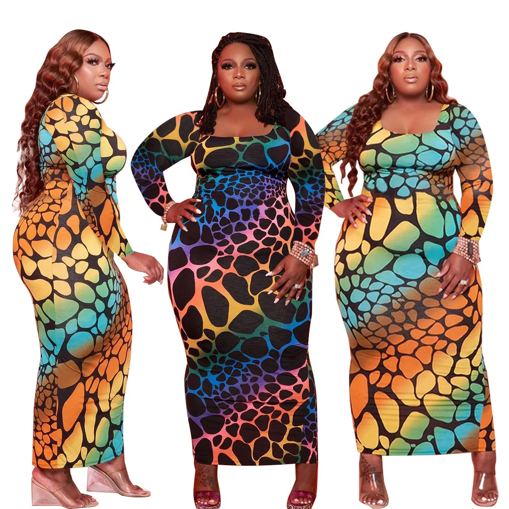 

4xl Fall Women's Clothing Sexy Leopard Grain Digital Printing Long Sleeved Collect Waist Maxi Dresses Wholesale Dropshipping