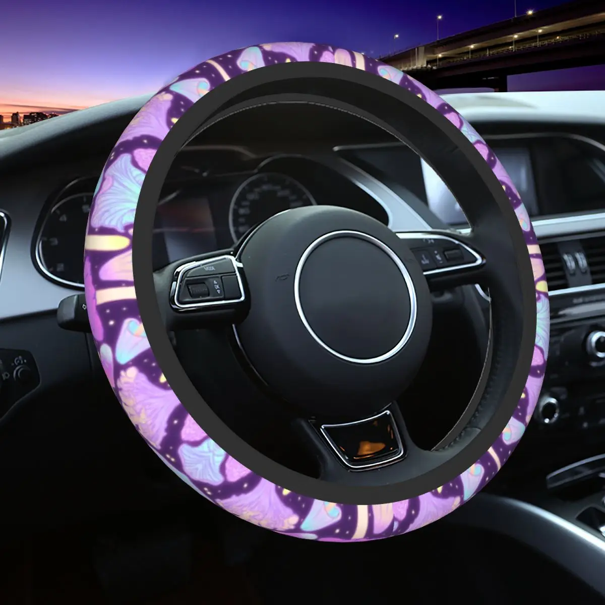 

Spooky Psychedelic Mushroom Hunt Car Steering Wheel Cover 37-38 Soft Colourful Fantasy Colorful Car-styling Interior Accessories