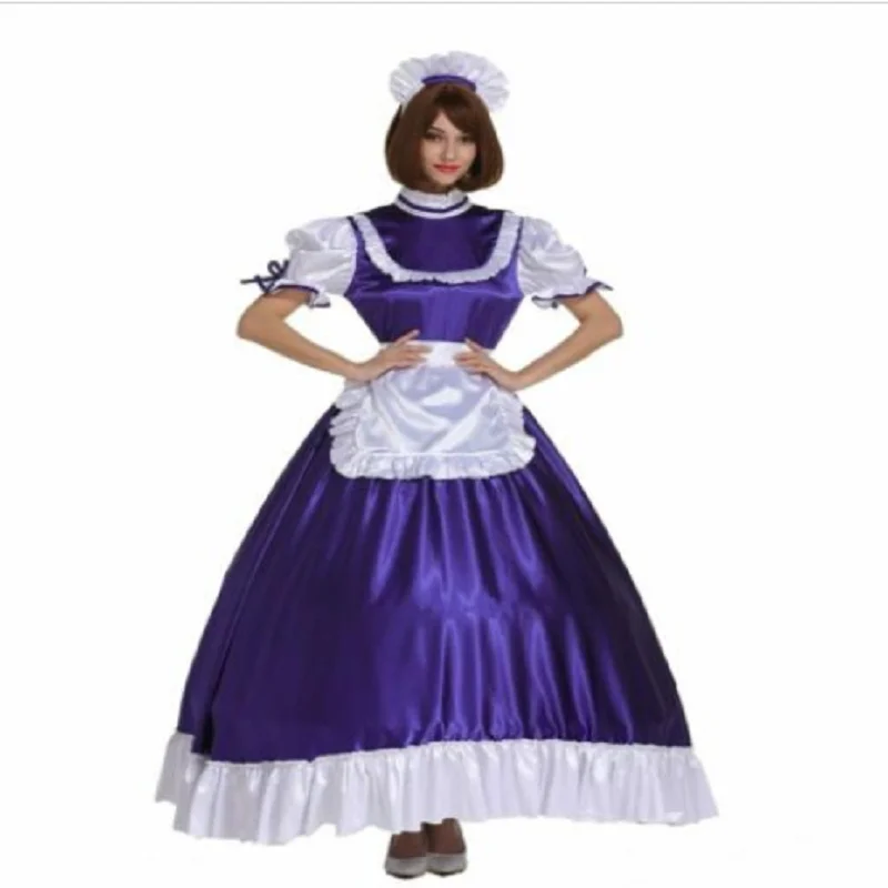 

Maiden Maid Sissy Ruffled Purple Lockable Long Bubble Sleeve Apron Dress Cosplay Dress Customizable