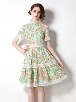 designer runway green floral print mini dress women stand collar elegant ruffles lace stitching vintage slim short vestidosn6571