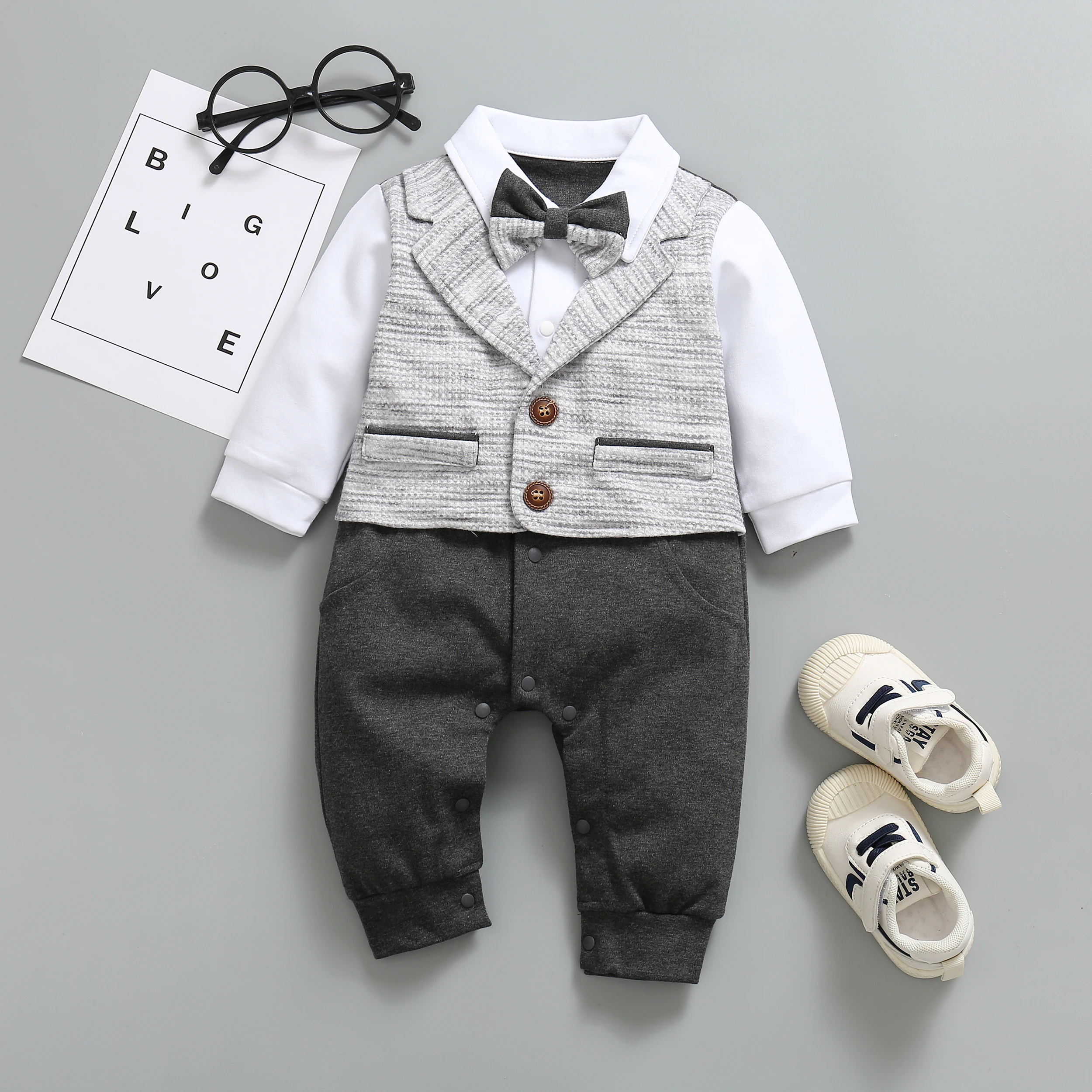BINGOBOOM Newborn Baby Boy Romper Long Sleeves  Infant Bow Neck  Style Bebe Clothes Little Gentleman 2 In 1 Babe Jumpsuit