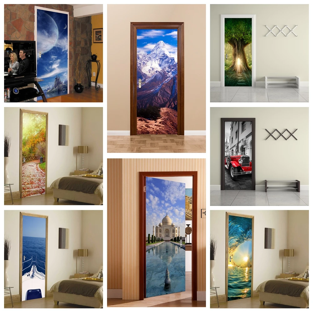 

3D Vinyl Removable Door Decor Sticker Wallpaper Nature Landscape Door Sticker Forest Beach Castle adesif autocollant porte