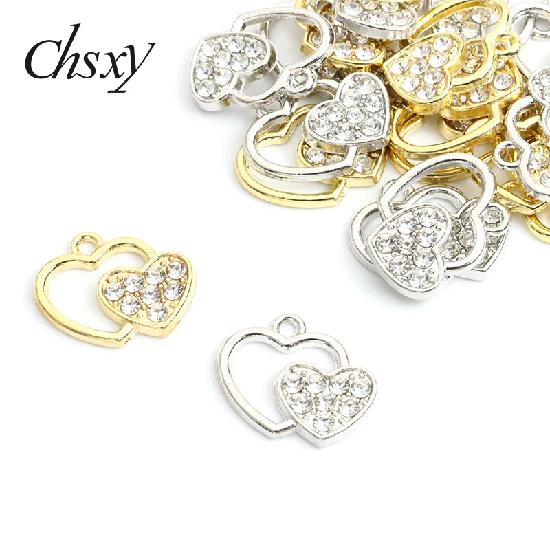 

10pcs Fashion Openwork Heart Shaped Crystal Rhinestone Charms Silver/Gold Color Geometry Alloys Pendants for Making Jewelry DIY