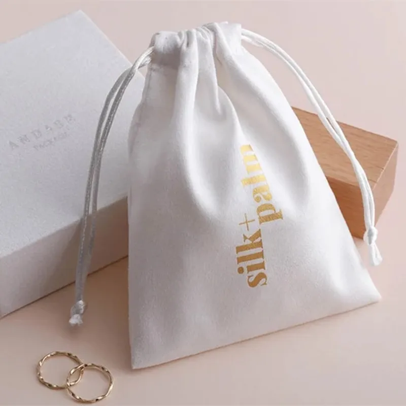 50 white personalized logo print custom drawstring bags jewelry packaging bags pouches chic wedding favor bags white flannel bag