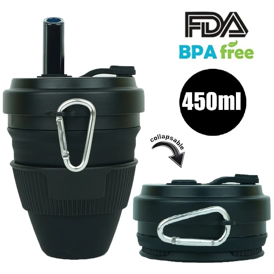 450ml Folding Silicone Cup Mugs Collapsible Silica Coffee Cup With Straw Lids Portable Silicone Telescopic Drinking Travel Black