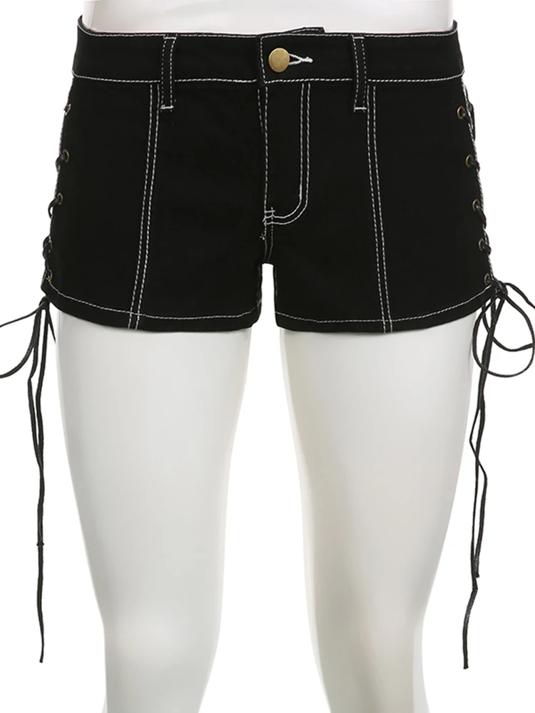 Rockmore Fashion Hot Sexy Low Waist Shorts Cross Lace-up Y2K Aesthetic Slim Mini Shorts Summer Chic Vintage Denim Bottoms 2023