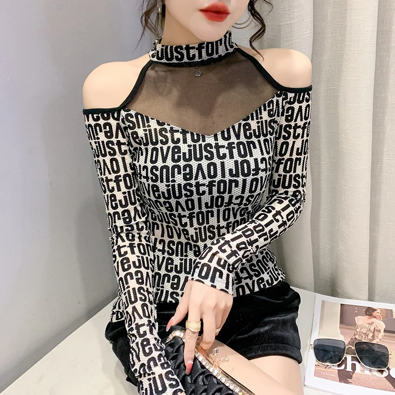 

Free shipping autumn new alphabet print stitching hollowed out thin mesh off shoulder long sleeve women's top versatile t shirt