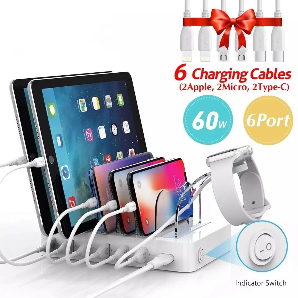 

6-портовая USB-зарядная станция с быстрой зарядкой 3,0, 60 Вт/12 А для нескольких устройств, 6 кабелей в комплекте для телефонов и планшетов, новинк...