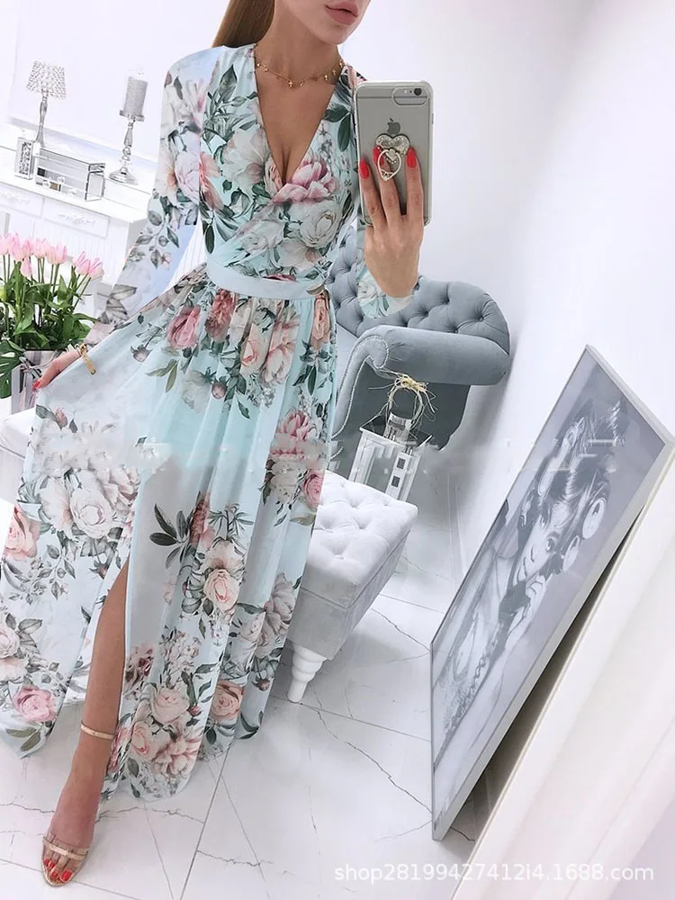 

Autumn Long Sleeve Boho Women's Dress Deep V-Neck Wrap Party Maxi Dress Sexy Floral Slit Chiffon Dresses For Women Robe Femme