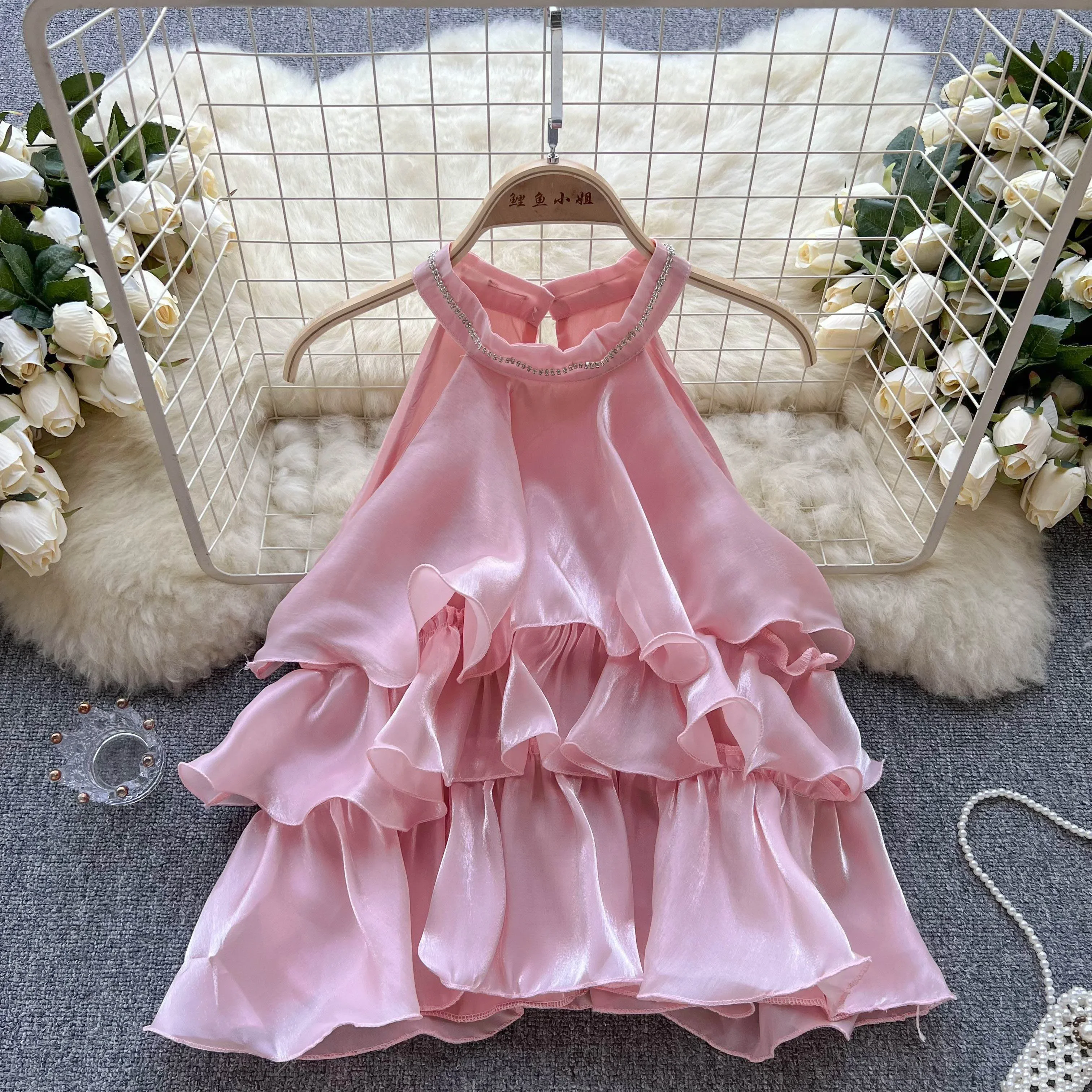 U1309 Sweet Memory Фиолетовый Розовый Белый Оборками Холтер Шифон Майка Сексуальная