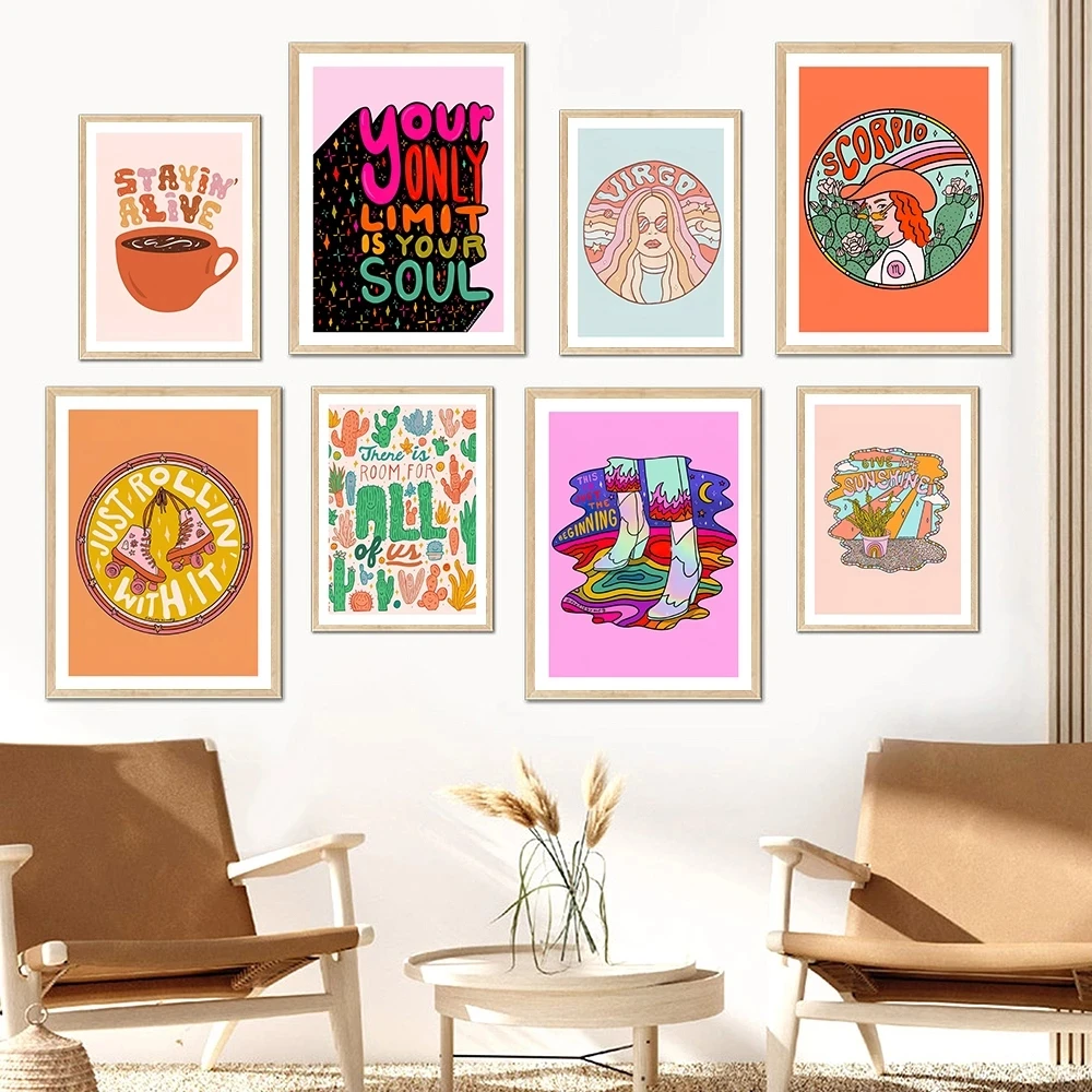 

Abstract Cancer Virgo Cowgirl Wall Art Poster Print Quote Yellow Canvas Painting Colorful Girl Soul Living Bed Room Home Decor