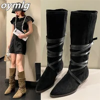 Cavalier boots women's 2022 new retro strappy western cowboy boots pointed toe low-heeled high tube but knee-high suede boots