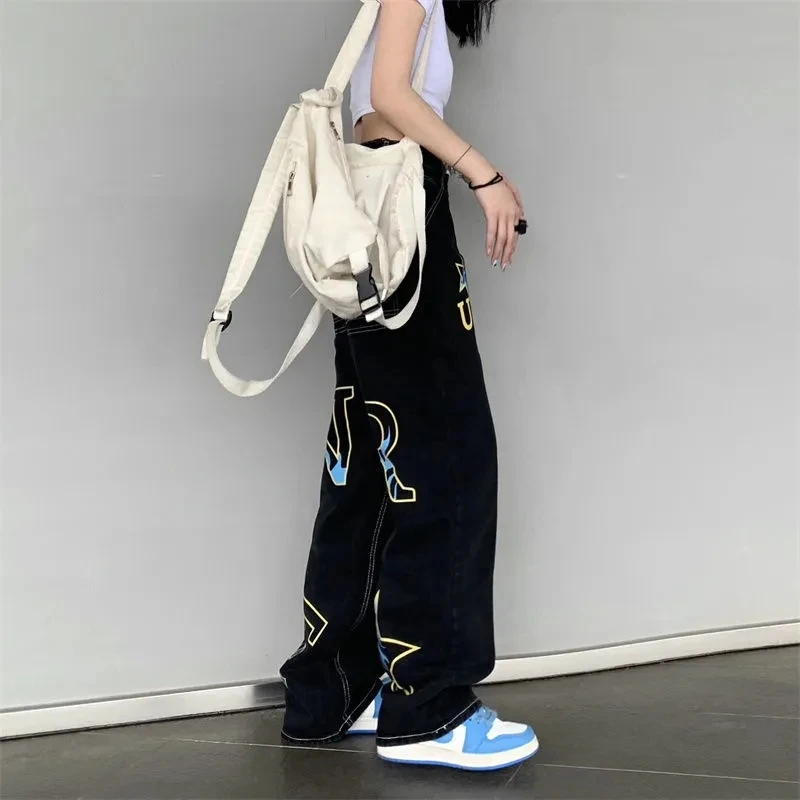 New Y2k Retro Printing Alphabet Men'S Jeans Printing American Straight Casual Jeans Men And Women Hip-Hop Trend Loose Trousers