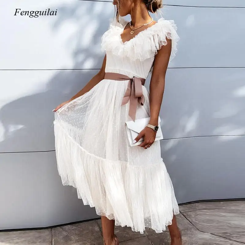 

Женское вечернее платье из тюля, элегантное Однотонное Платье До Колена без рукавов с глубоким V-образным вырезом, милая уличная одежда на л...