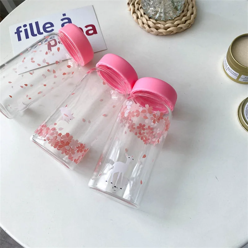 

Korean ins style minimalist pink cherry blossom glass cute cat and deer carrying cup small and portable water cup