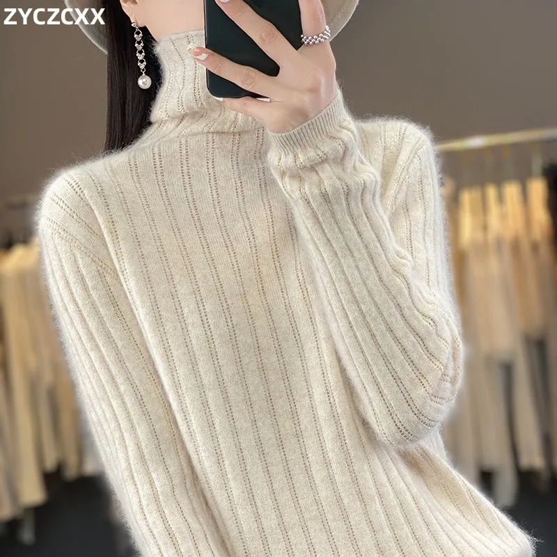 

100% Mink Cashmere Women's Turtleneck Sweater 2023 Autumn And Winter New Fashion Hollowed-out Sweater Women's Pullover Sweater