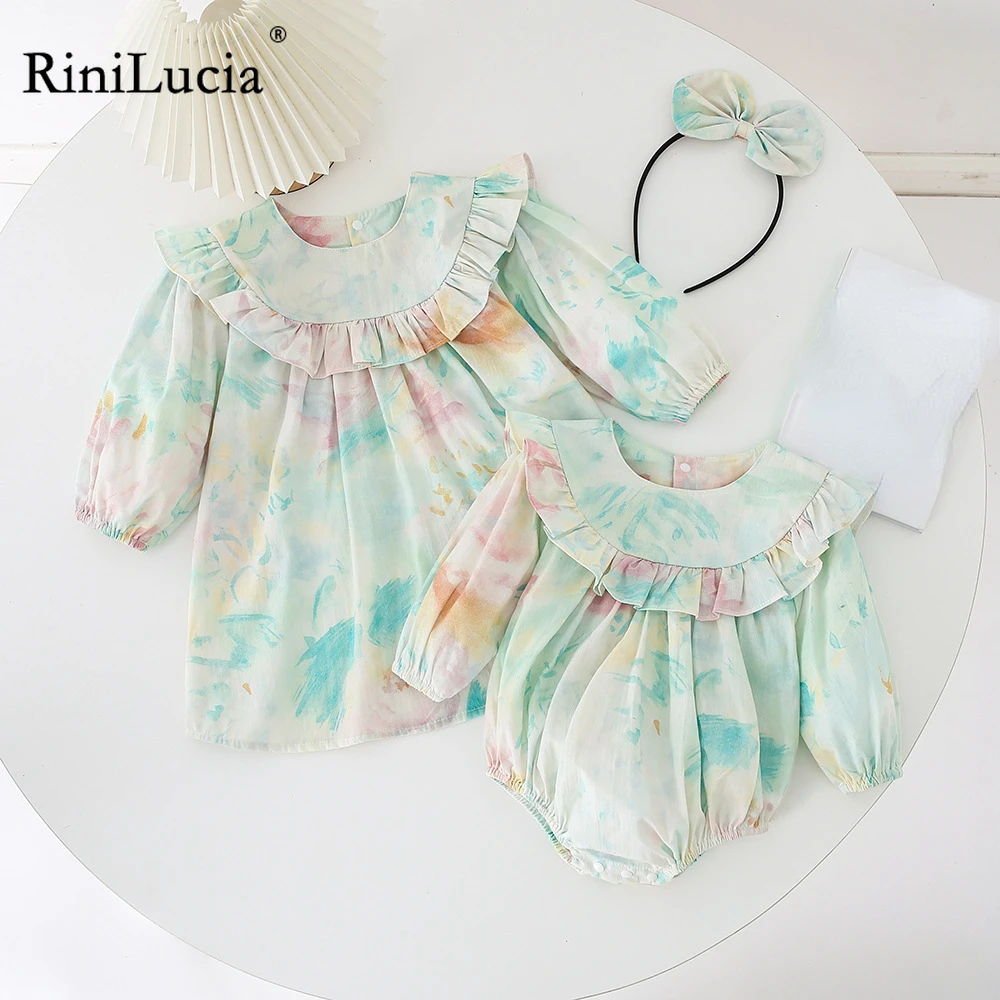 

RiniLucia 2022 Autumn New Fashion Sister Baby Girls Clothing Ruffle Long Sleeve Dress Toddler Kids Mixed Color O-neck Dress