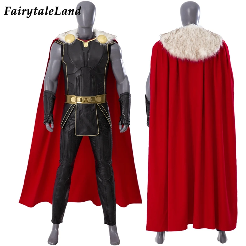 Love And Thunder Odinson Cosplay Costume Adult Men Halloween Performance Clothes Black Suit Winter Cape With Furry Collar