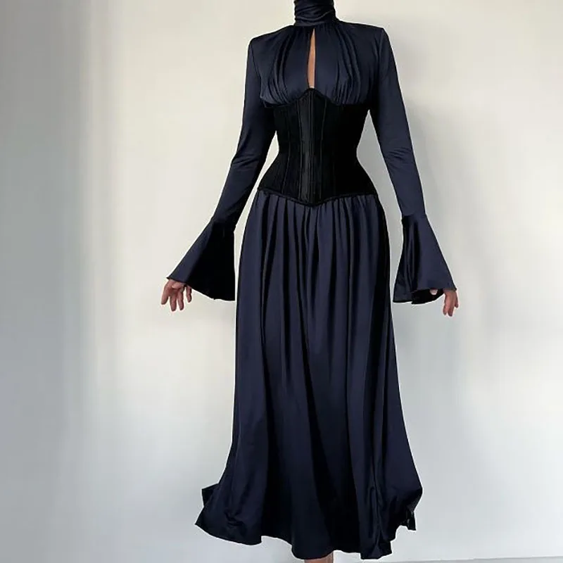 

Элегантное платье с высоким воротником, осень 2023, однотонное длинное платье с расклешенными рукавами и высокой талией, повседневные однотонные плиссированные женские платья