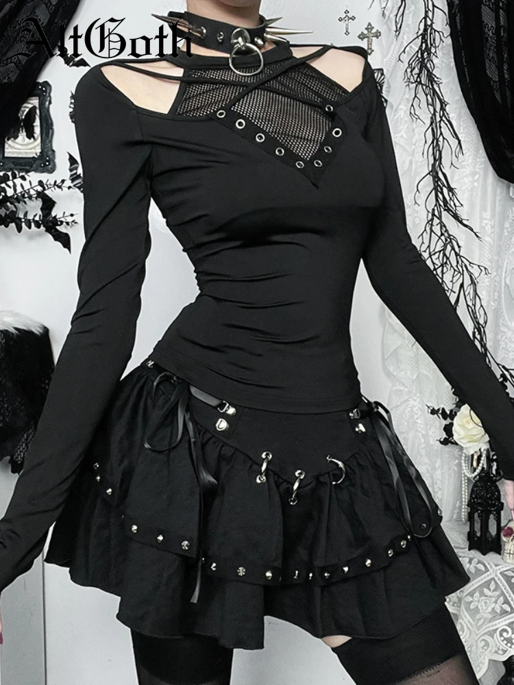 Фото AltGoth Dark Academia Goth футболка женская уличная одежда Harajuku сексуальная Y2k E-girl ажурные сетчатые лоскутные укороченные футболки с длинными рукавами №1