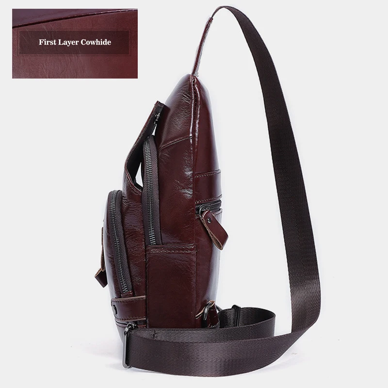 Fashion Cowhide Genuine Leather Waterproof Casual Daypack Sling Shoulder Chest Crossbody Bag for Men Outdoor Hiking Backpack