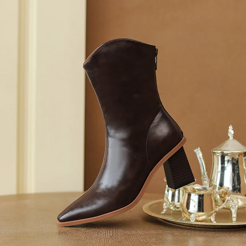 

Новинка 2022, женские ботинки с острым носком, женские ботинки на высоком каблуке в стиле ретро, модная Темпераментная Женская обувь на среднем толстом каблуке