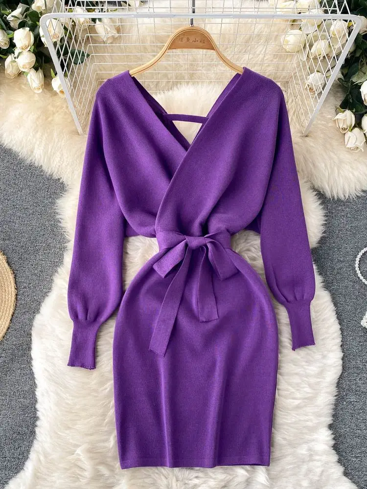

2022 New Autumn Winter Women Knitted Sweater Dress Korean Long Batwing Sleeve V Neck Elegant Dress Ladies Bandage Dress GD792