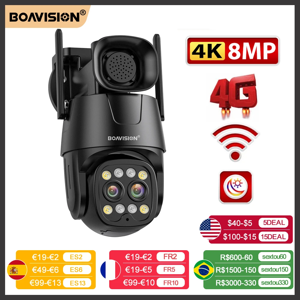 IP Camera Wifi/4G Sim Card PTZ HD 4MP 8MP Dual Lens 2.8mm-8mm Outdoor AI Human Tracking Color Night Vision Audio Security Camera