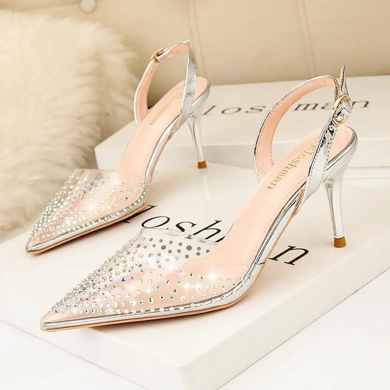 

Sandals Women Transparent Rhinestone High Heels Fashion Pointed Toe Sandals Stiletto Hollow Bridal Crystal Slippers 2023 New