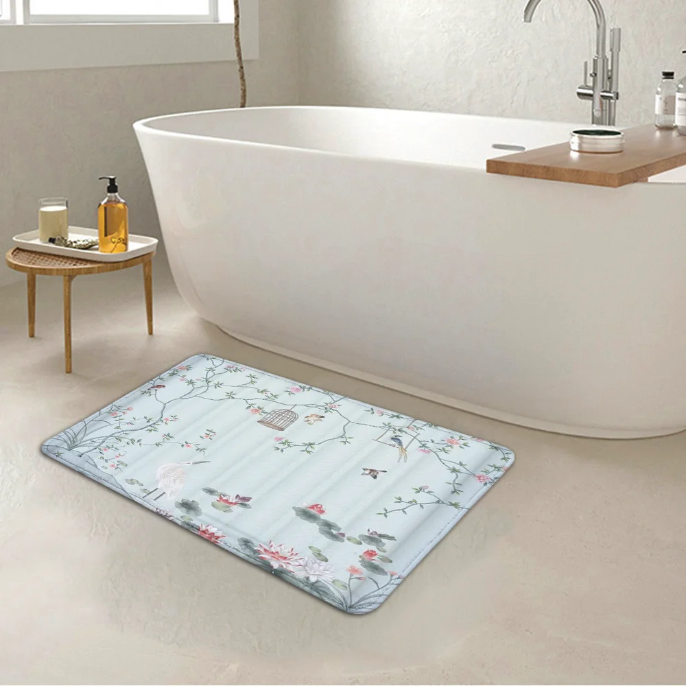 

Green Eucalyptus Bath Foot Mat Floral Treeand Brid Pink Cherry Blossom Super Absorbent Modern Bathroom Accessories Floor Rugs