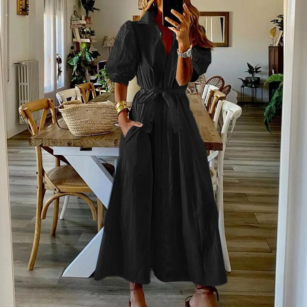 

Women Turn Down Collar Solid High Waist Dress Summer Women Lantern Sleeve Casual Loose Lace-up Dresses for women 2022 Vestidos