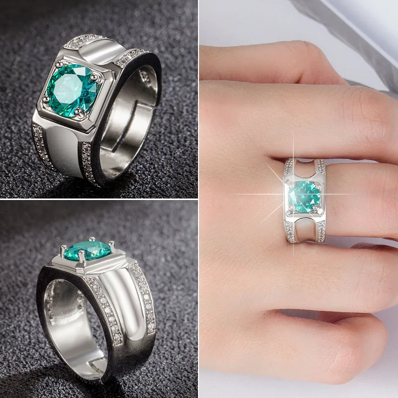 

Double Row Domineering Inlaid Green Zirconium Hearts and Arrows Ring Trendy Men's Fashion Wedding Proposal Diamond Ring