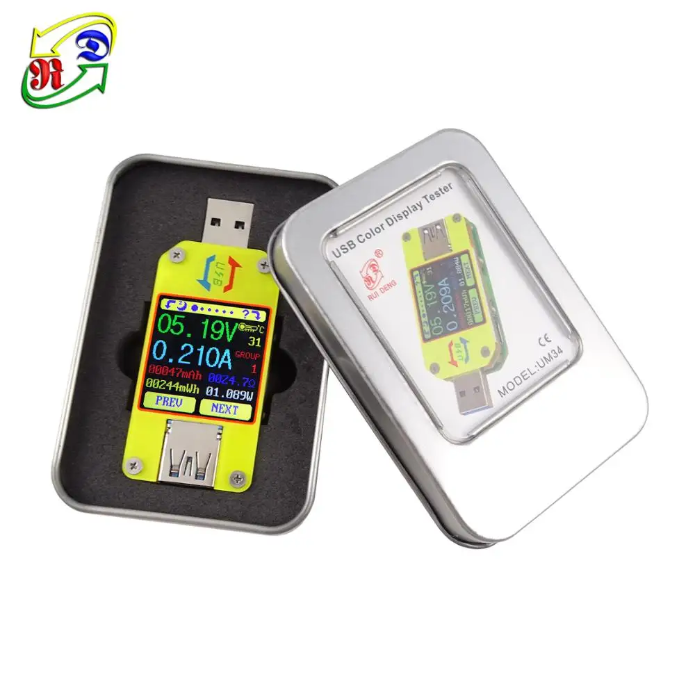 Цифровой USB 3.0 UM34C Type-C цветной дисплей Вольтметр постоянного тока амперметр