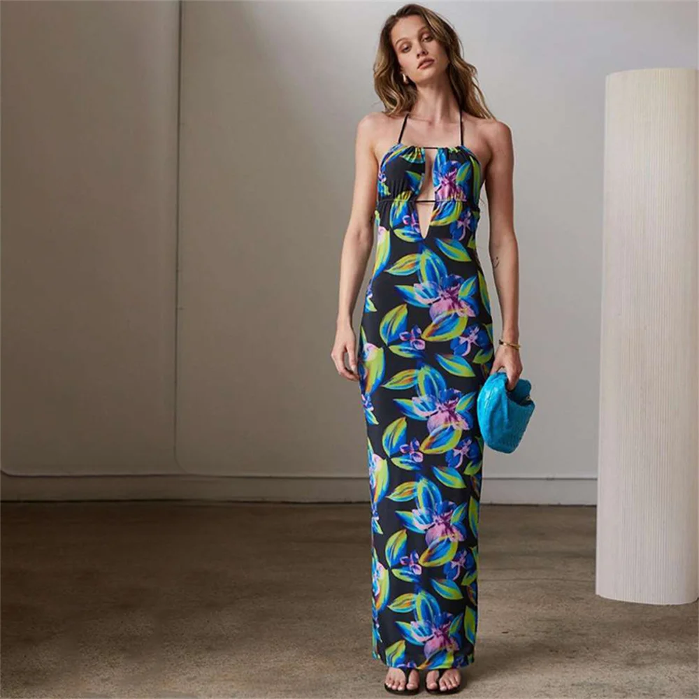 

Floral Print Spaghetti Strap Vacation Beach Dress Summer Sexy Sleeveless Hollow Out Backless Tie Split Hem Long Dress