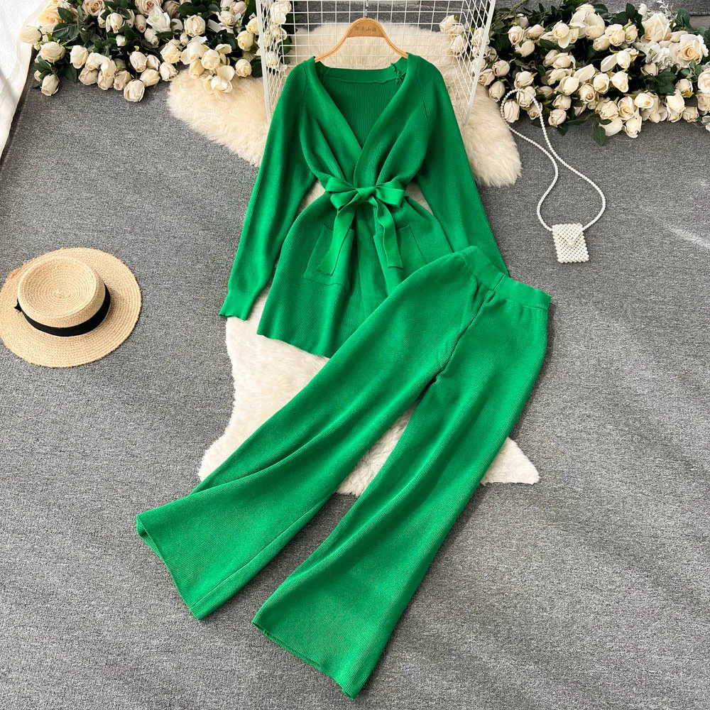 

Winter Panelled Knitted Sets Fashion Long Sleeve V Neck Tie Knitwear+Wide Leg Pant Women OL Sweater Two Pieces Suits