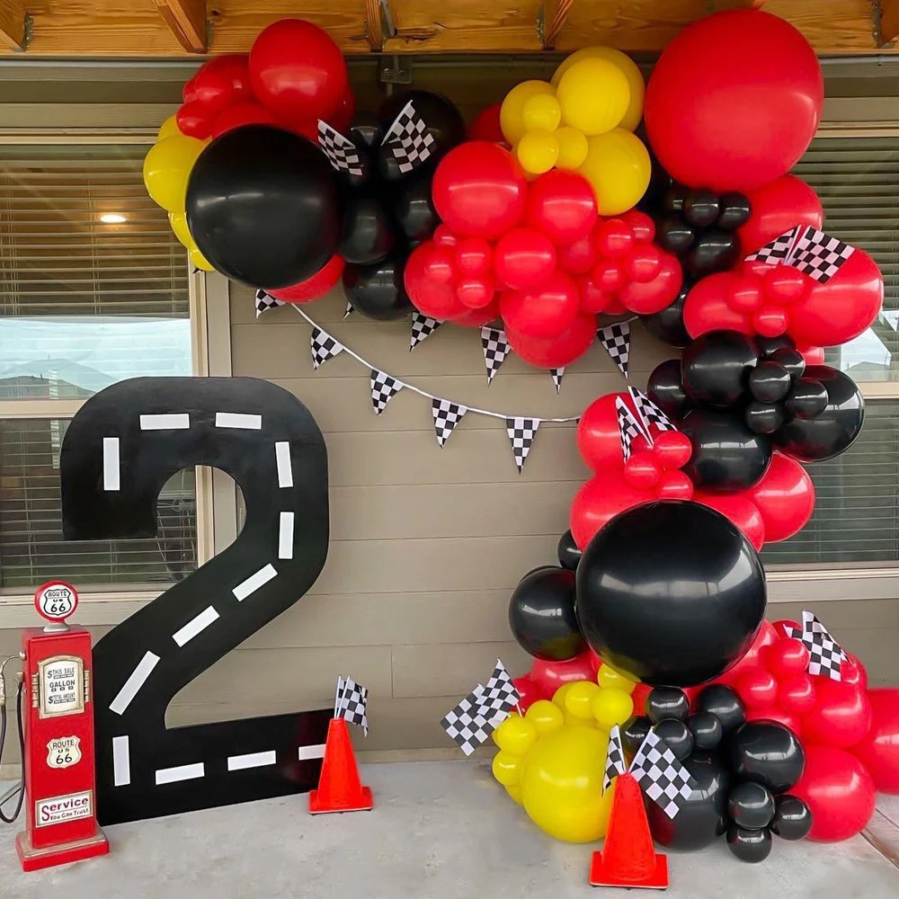 

Racing Car Birthday Balloons Checker Flag Banner Yellow Black Red Balloon Arch Garland for Kids Baby Shower Birthday Party Decor