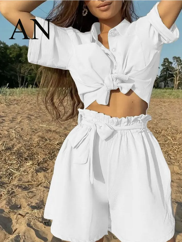 

Новинка 2022 женский однотонный однобортный комплект из рубашки с коротким рукавом и ремешком Модный повседневный пляжный комплект из двух п...