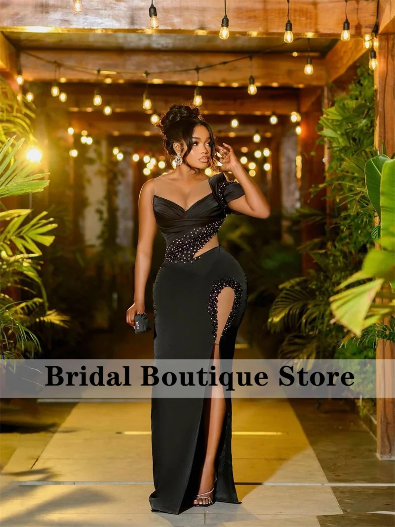 

New Arrival 2023 Mermaid Black Evening Dresses Sheer Neck Crystal Pearls Luxury Wedding Gowns Prom Party Dress Robes De Soirée